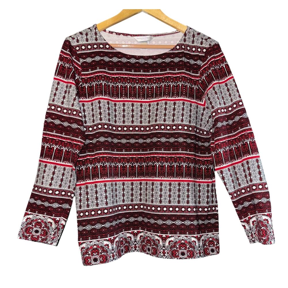 Christopher Banks Boho Top Women's‎ Large PETITE Aztec 3/4 Sleeve Hippie Stretch
